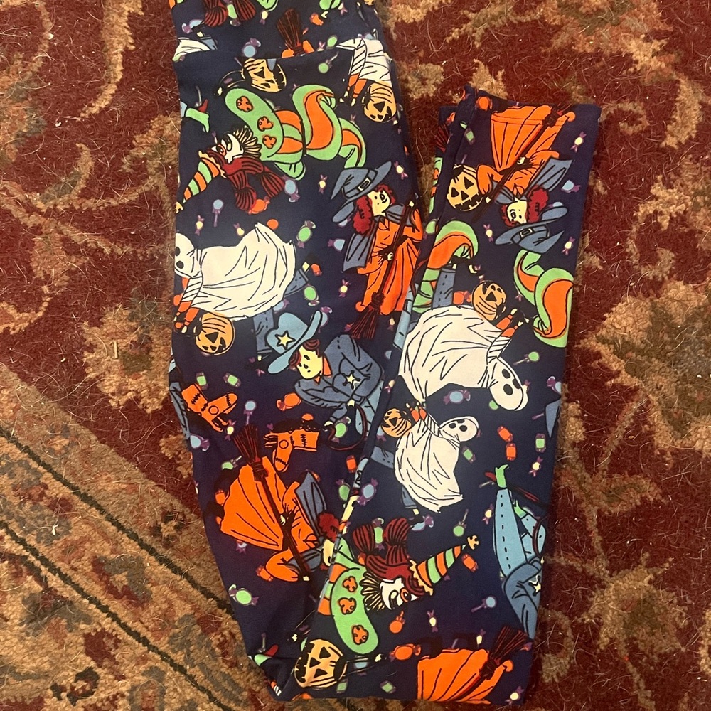 LuLaRoe Kids Halloween Print Leggings - Navy with Orange & Green Size Tween